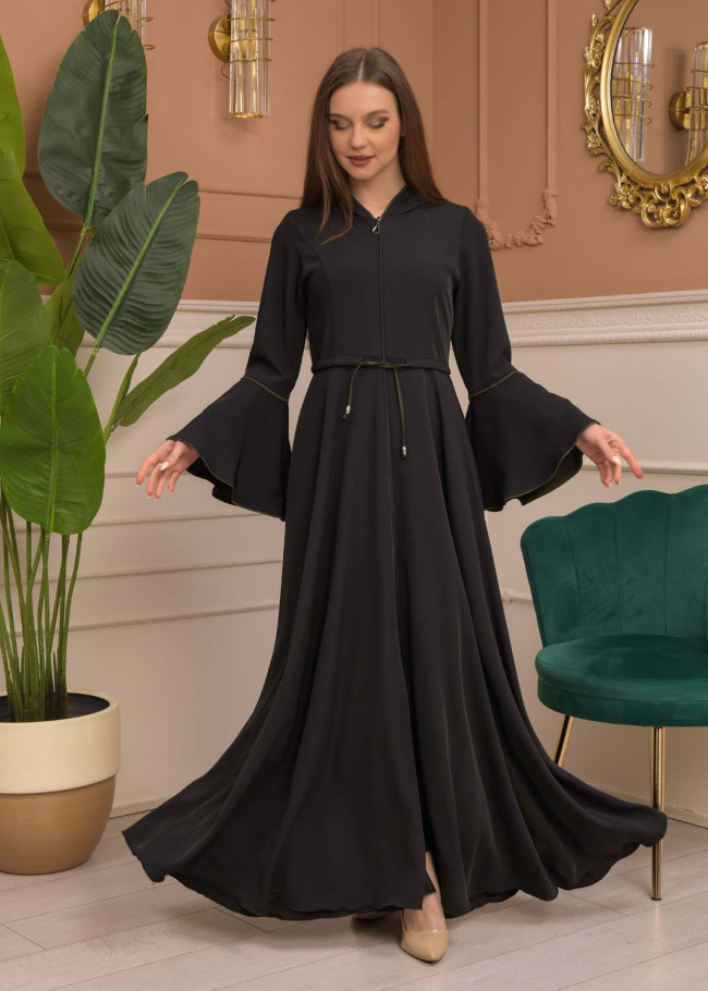Hooded-Belted Prada Abaya 696 - khaki