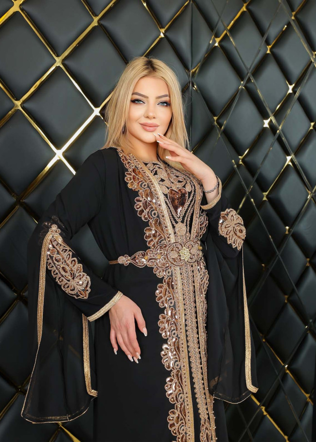 2li Takım DETAYLI Kemerli Dantelli Kaftan Abiye Elbise - 4112 - Siyah