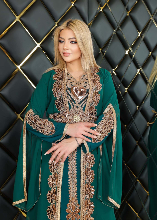 2li Takım DETAYLI Kemerli Dantelli Kaftan Abiye Elbise - 4112 - Yeşil