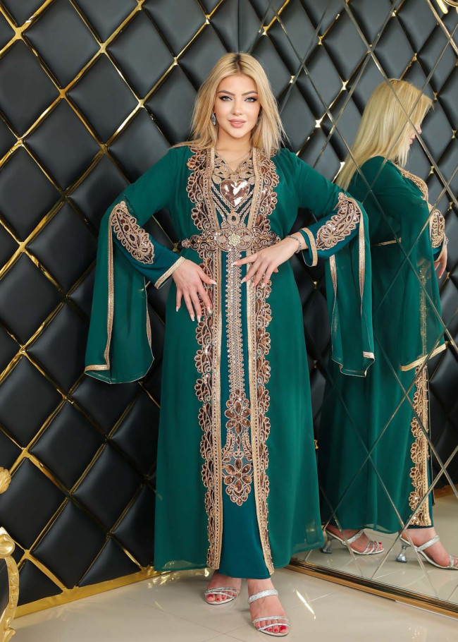 2li Takım DETAYLI Kemerli Dantelli Kaftan Abiye Elbise - 4112 - Yeşil