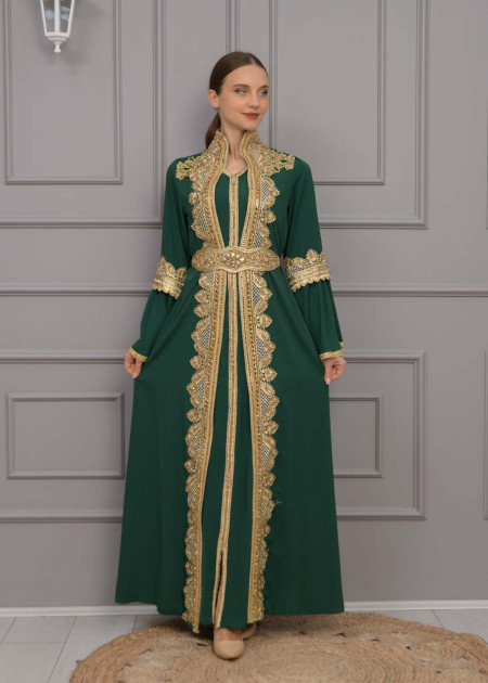 Gold-embroidered kaftan Abiye 4118 - khaki - OUTER WEAR