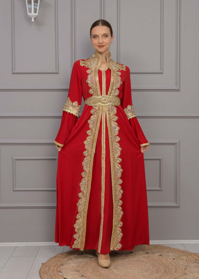 قفطان مغربي قطعتين كلفة ذهبي 4118 - خمري