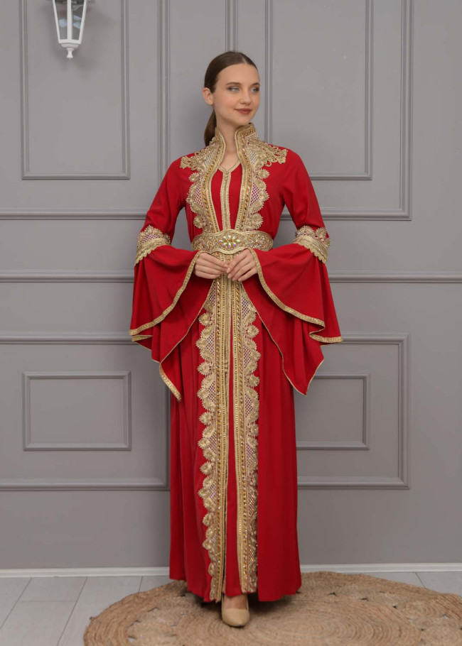 قفطان مغربي قطعتين كلفة ذهبي 4118 - خمري