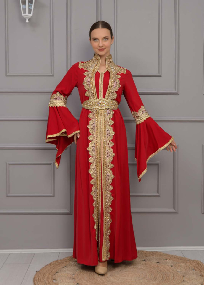 قفطان مغربي قطعتين كلفة ذهبي 4118 - خمري