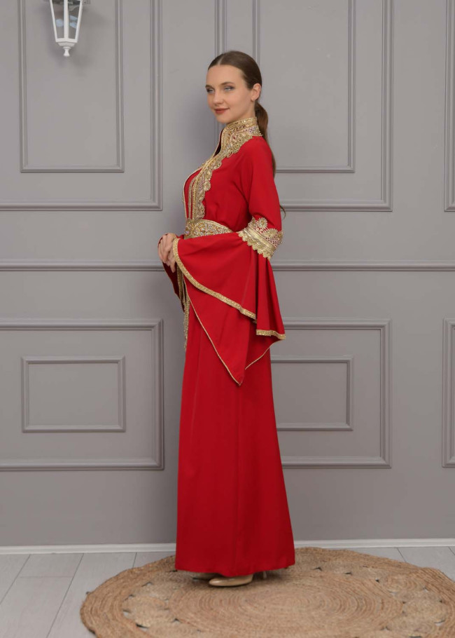 قفطان مغربي قطعتين كلفة ذهبي 4118 - خمري