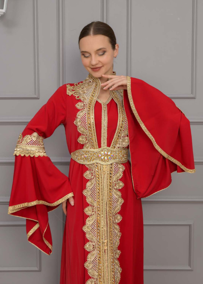 قفطان مغربي قطعتين كلفة ذهبي 4118 - خمري