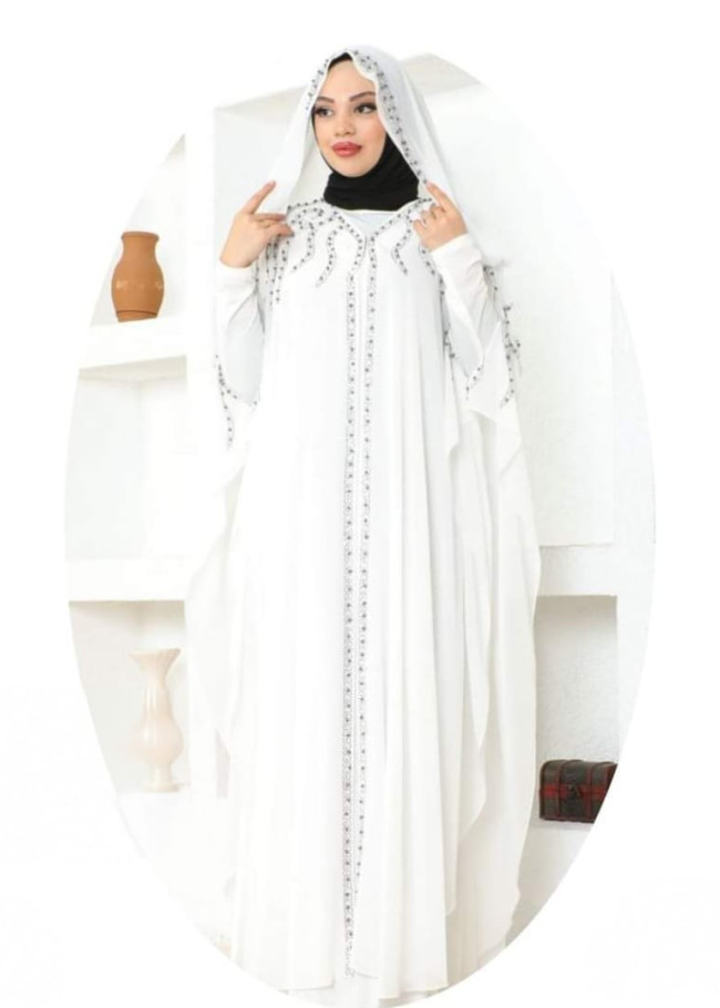 2Lİ TAKIM TAŞLI KOL YARASA ABAYA & ELBİSE- 4115 - Beyaz