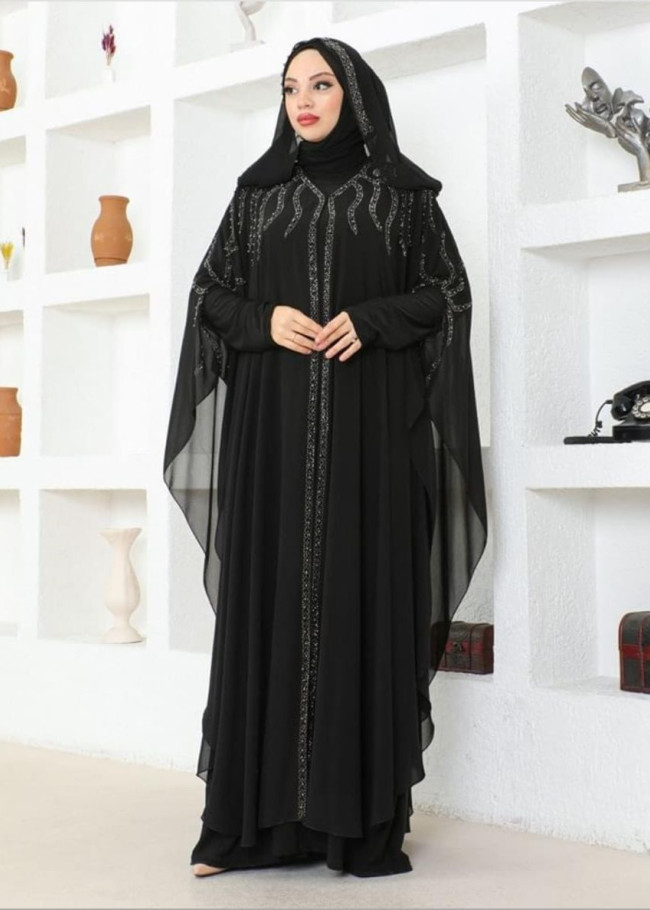 2Lİ TAKIM TAŞLI KOL YARASA ABAYA & ELBİSE- 4115 - Siyah