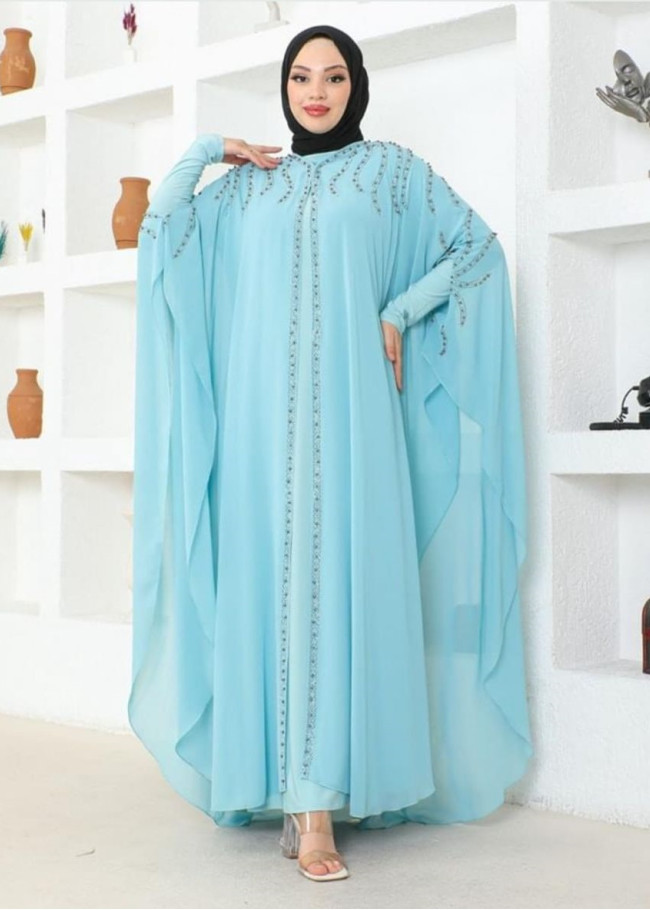 Two-piece caftan studded with diamonds and stones, chiffon + lycra 4115 - sky blue