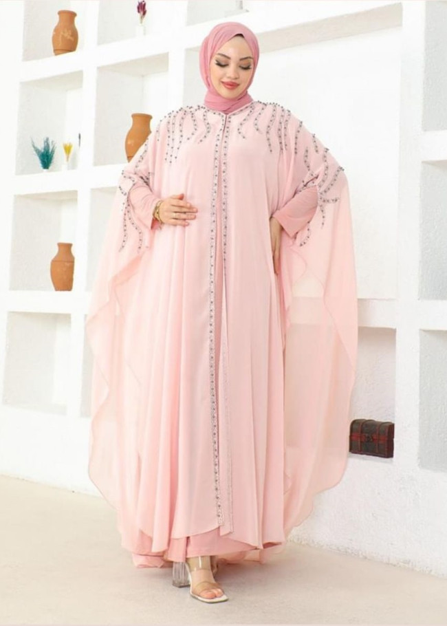 2Lİ TAKIM TAŞLI KOL YARASA ABAYA & ELBİSE- 4115 - Pembe