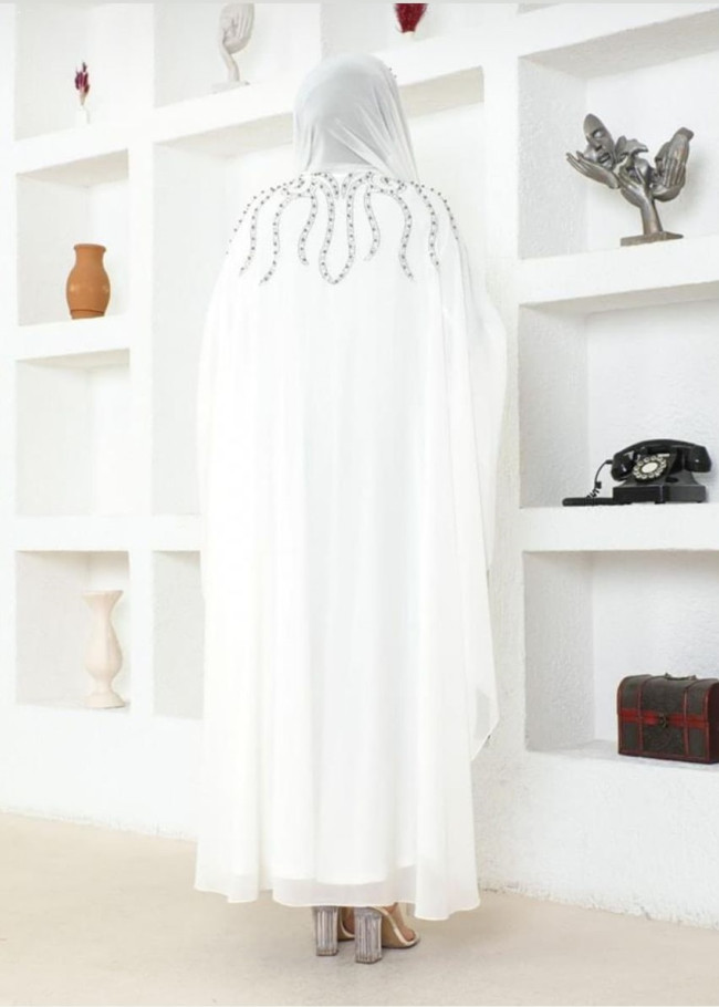 2Lİ TAKIM TAŞLI KOL YARASA ABAYA & ELBİSE- 4115 - Beyaz