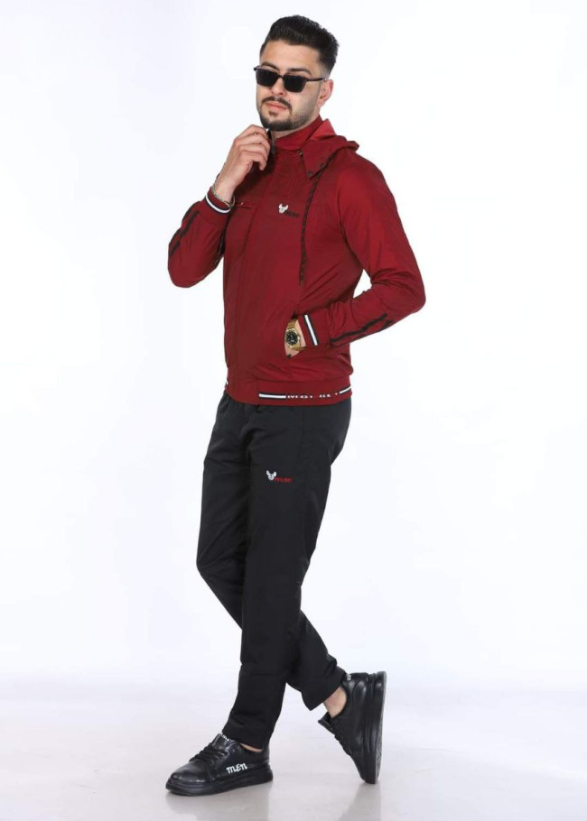 Mens Tracksuit 2206 Parachute Fabric with Removable Hood  - burgundy