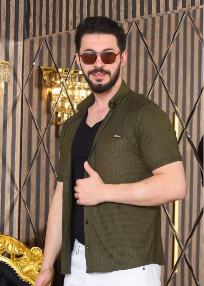 Erkek Gömlek 2402 Likralı Jakarlı Kumaş Dar Kesim  - Haki