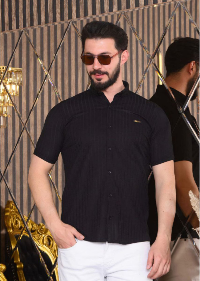 قميص رجالي 2402 قماش ليكرا جاكار بتصميم ضيق  - اسود