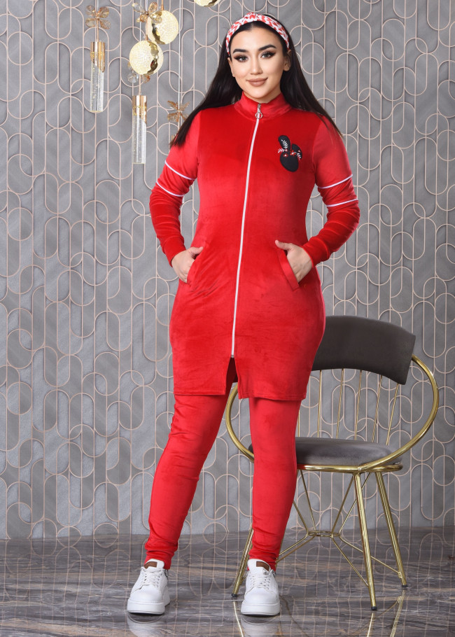 Velvet Slim Fit Tracksuit - 3 Piece Set 1011 - red