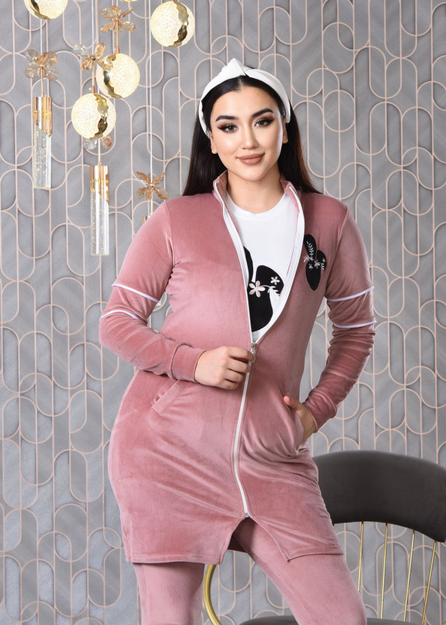 Kadife Dar Kesim Eşofman Takımı - 3 Parça 1011 - Pudra