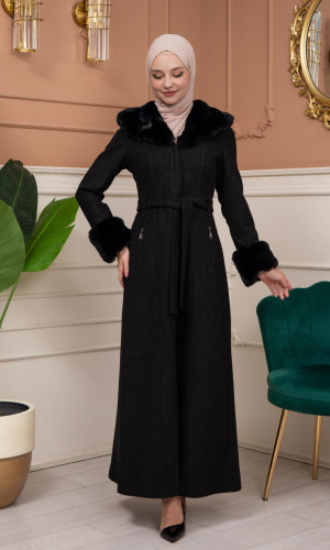 مانطو جوخ شتوي ببطانة فرو - 1360 - اسود