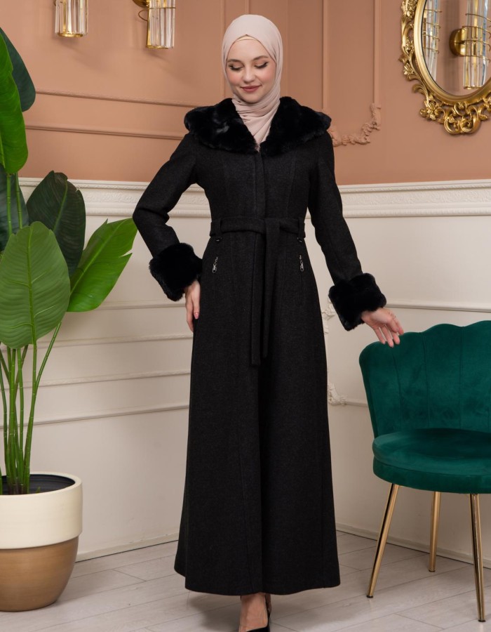 Woolen Winter Coat with Fur Lining - 1360 - black