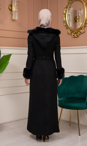 مانطو جوخ شتوي ببطانة فرو - 1360 - اسود