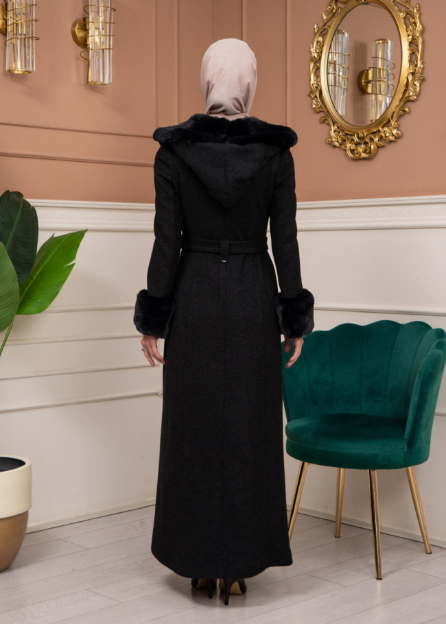 Woolen Winter Coat with Fur Lining - 1360 - black