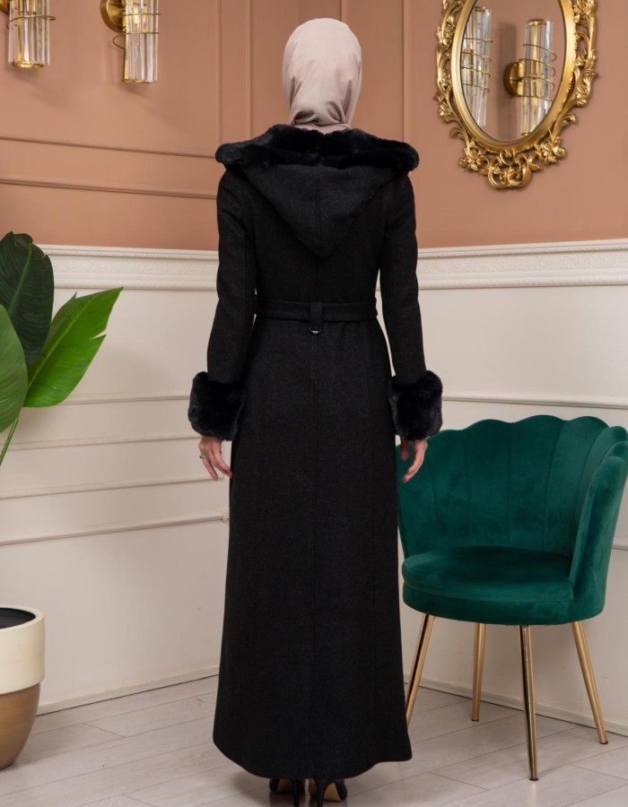 Woolen Winter Coat with Fur Lining - 1360 - black