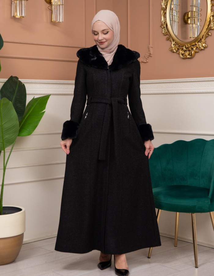 Woolen Winter Coat with Fur Lining - 1360 - black