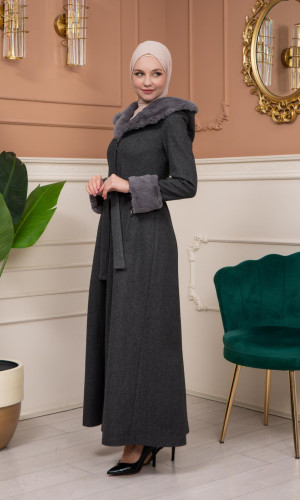 مانطو جوخ شتوي ببطانة فرو - 1360 - فضي