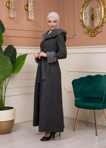 Woolen Winter Coat with Fur Lining - 1360 - gray - HIJAB