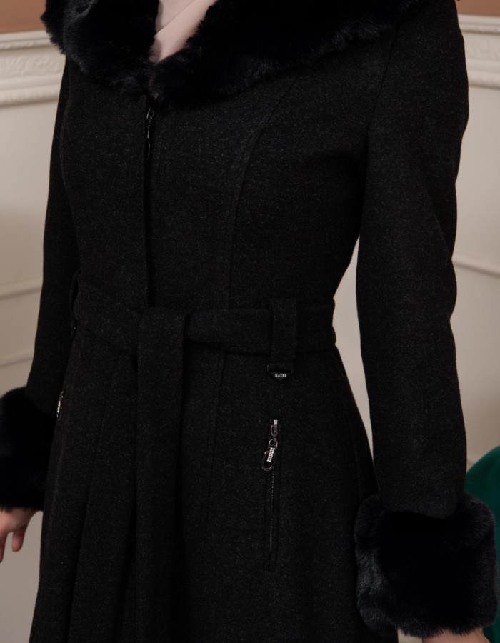 Woolen Winter Coat with Fur Lining - 1360 - black