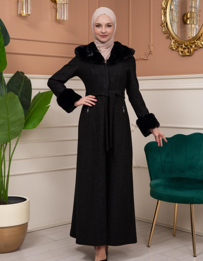 Woolen Winter Coat with Fur Lining - 1360 - black