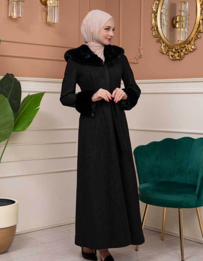 Woolen Winter Coat with Fur Lining - 1360 - black