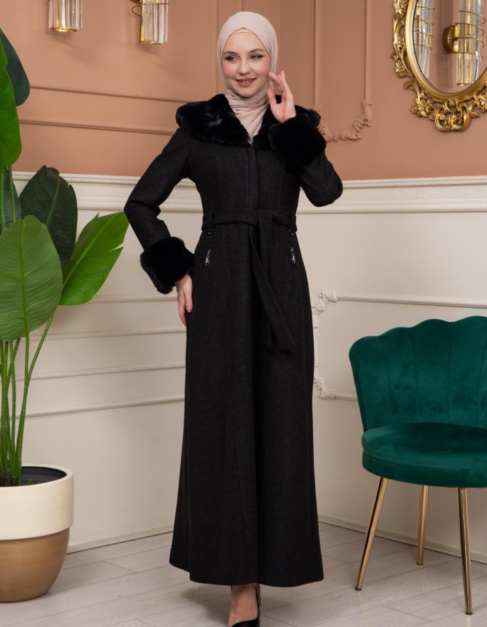 Woolen Winter Coat with Fur Lining - 1360 - black