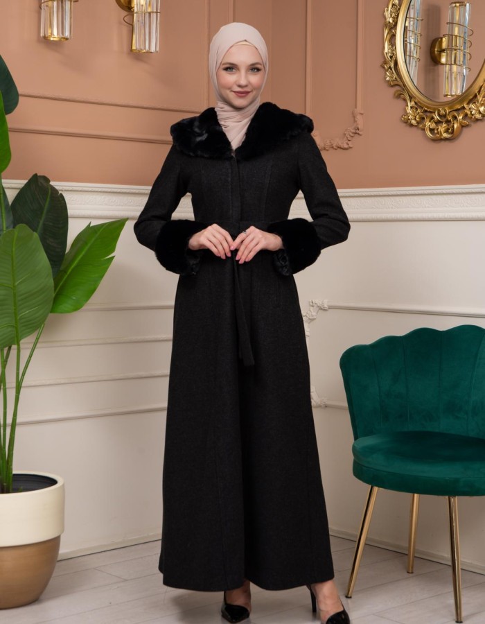 Woolen Winter Coat with Fur Lining - 1360 - black