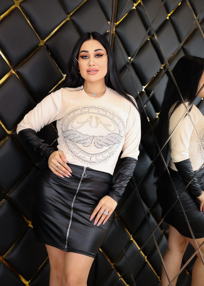 Occasion Outfit with Leather Skirt and Velvet Blouse - Code 1017 - ecru
