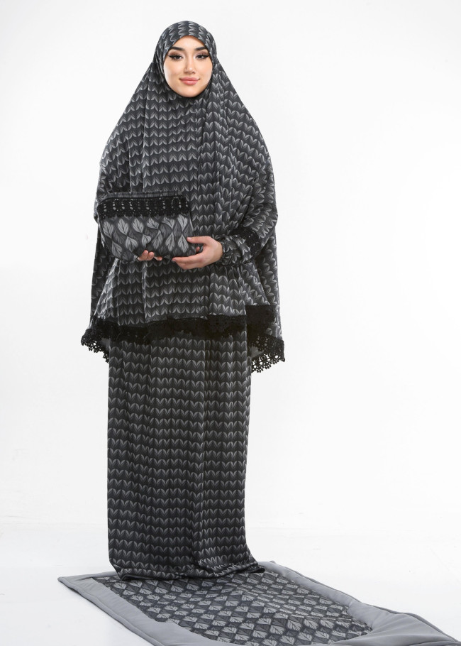 Lycra Sandy Prayer Set with Mushaf Bag and Prayer Mat - Code 701 - gray