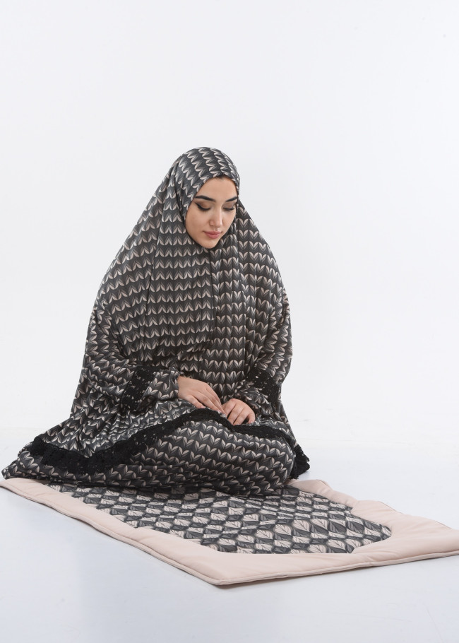 Lycra Sandy Prayer Set with Mushaf Bag and Prayer Mat - Code 701 - beige