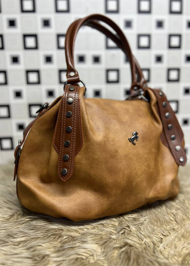 Elegant Leather Handbag with Studs - 970 - tan