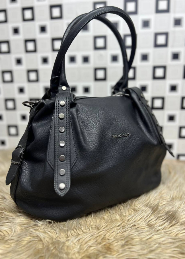 Elegant Leather Handbag with Studs - 970 - black