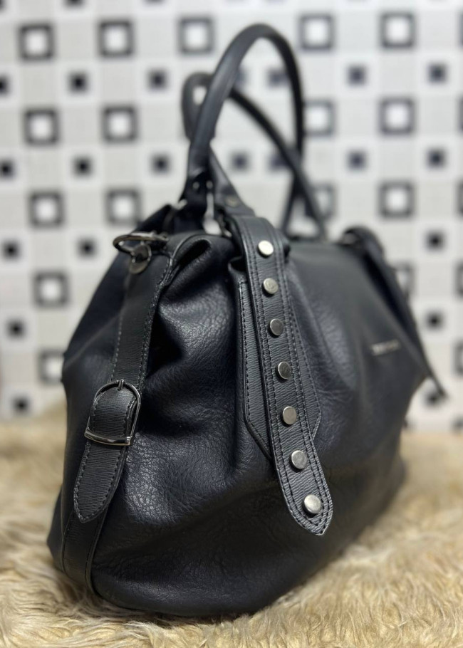 Elegant Leather Handbag with Studs - 970 - black