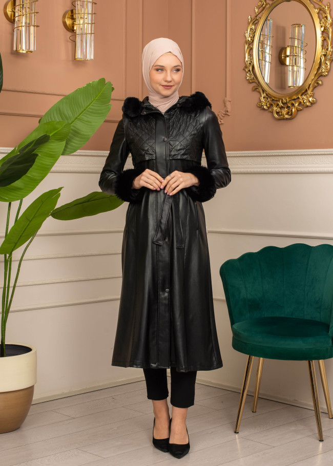 Trench Coat with Treated Leather Code 1365 - black