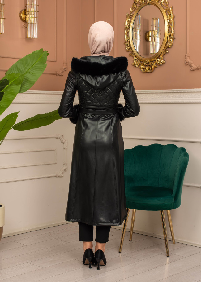 Trench Coat with Treated Leather Code 1365 - black