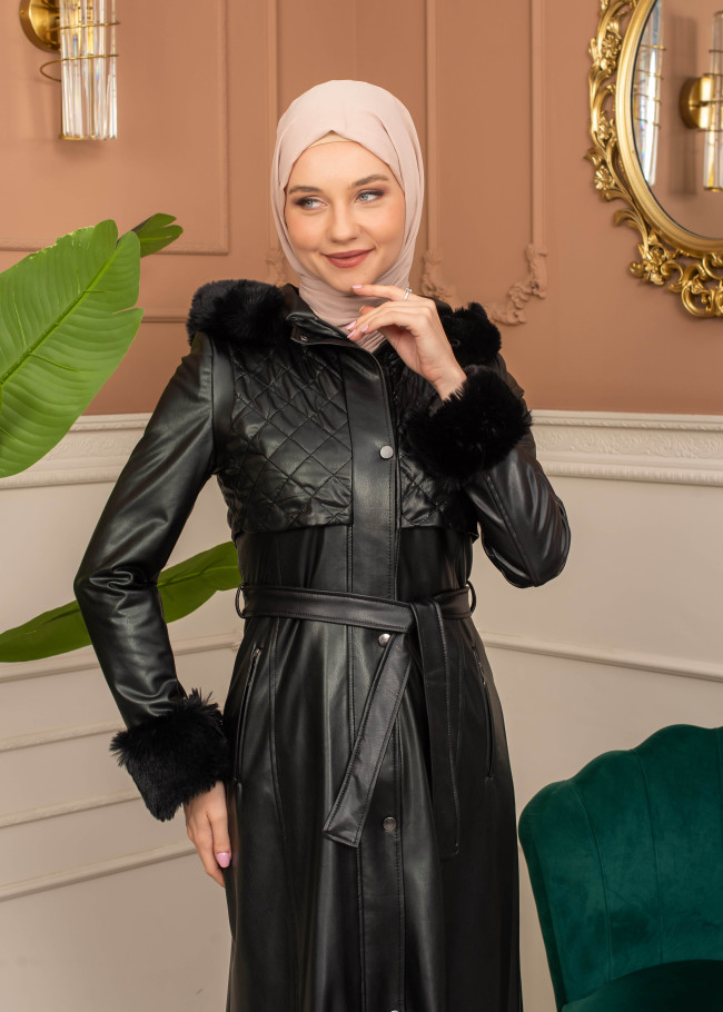 Trench Coat with Treated Leather Code 1365 - black