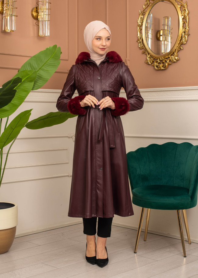 Trench Coat with Treated Leather Code 1365 - burgundy