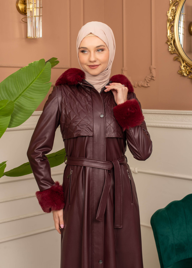 Trench Coat with Treated Leather Code 1365 - burgundy