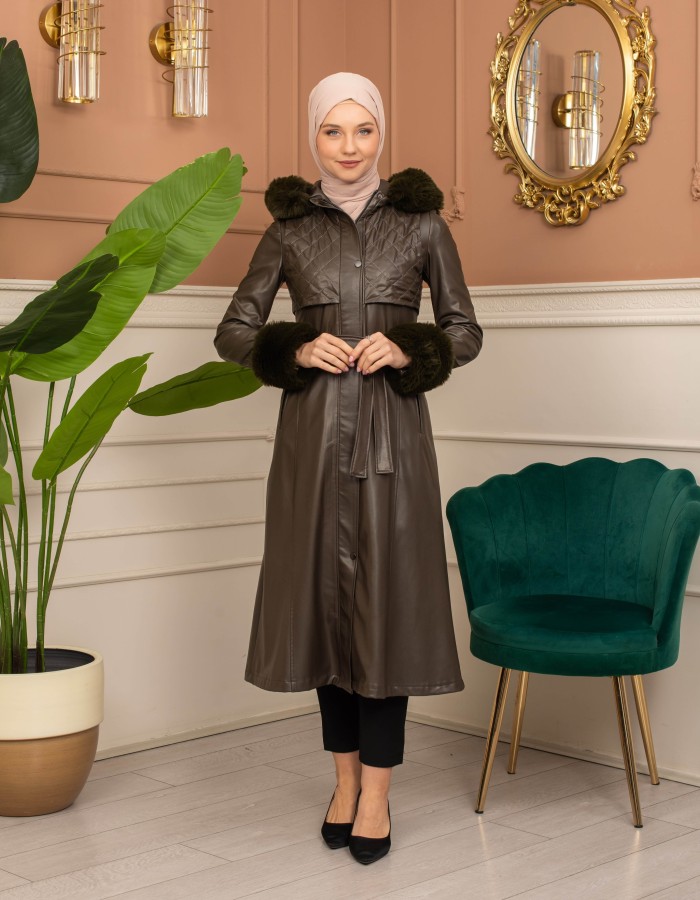 Trench Coat with Treated Leather Code 1365 - Khaki