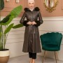 Premium Leather Trench Coat with Fur Lining and Removable Hood 1365 - khaki