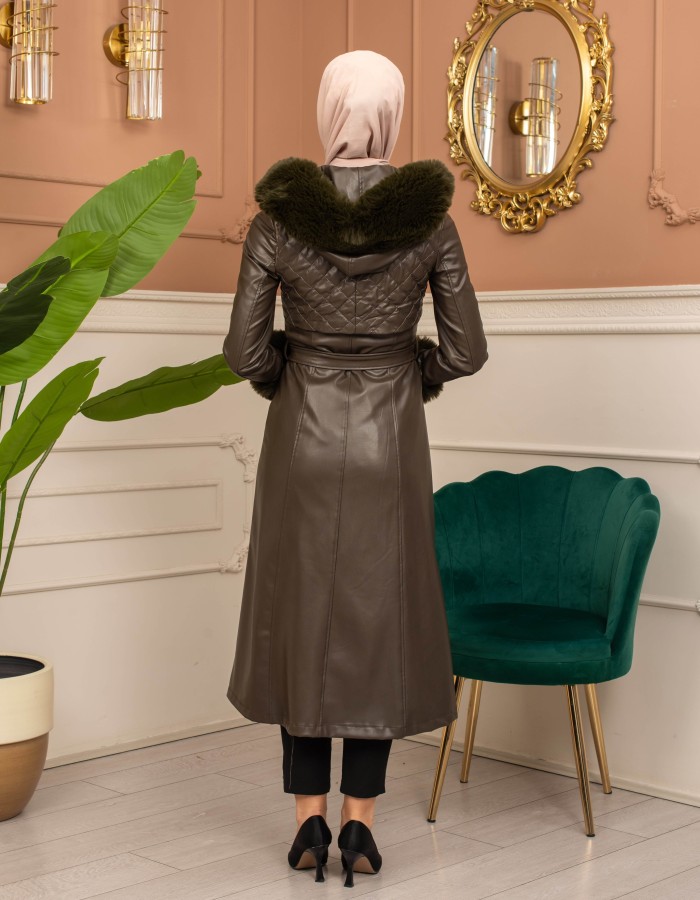 Trench Coat with Treated Leather Code 1365 - Khaki