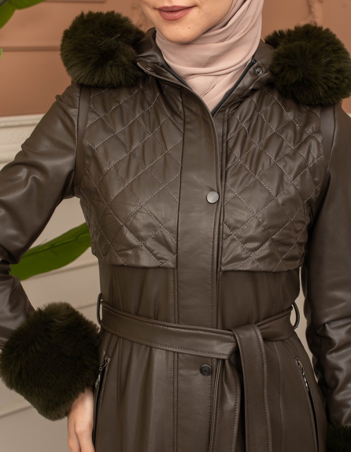 Trench Coat with Treated Leather Code 1365 - Khaki