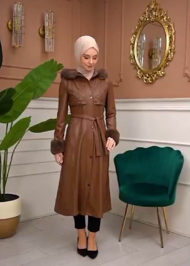 Trench Coat with Treated Leather Code 1365 - tan