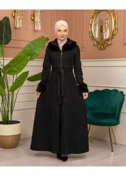 مانطو شامواه مبطن بالفرو - 1372 - اسود